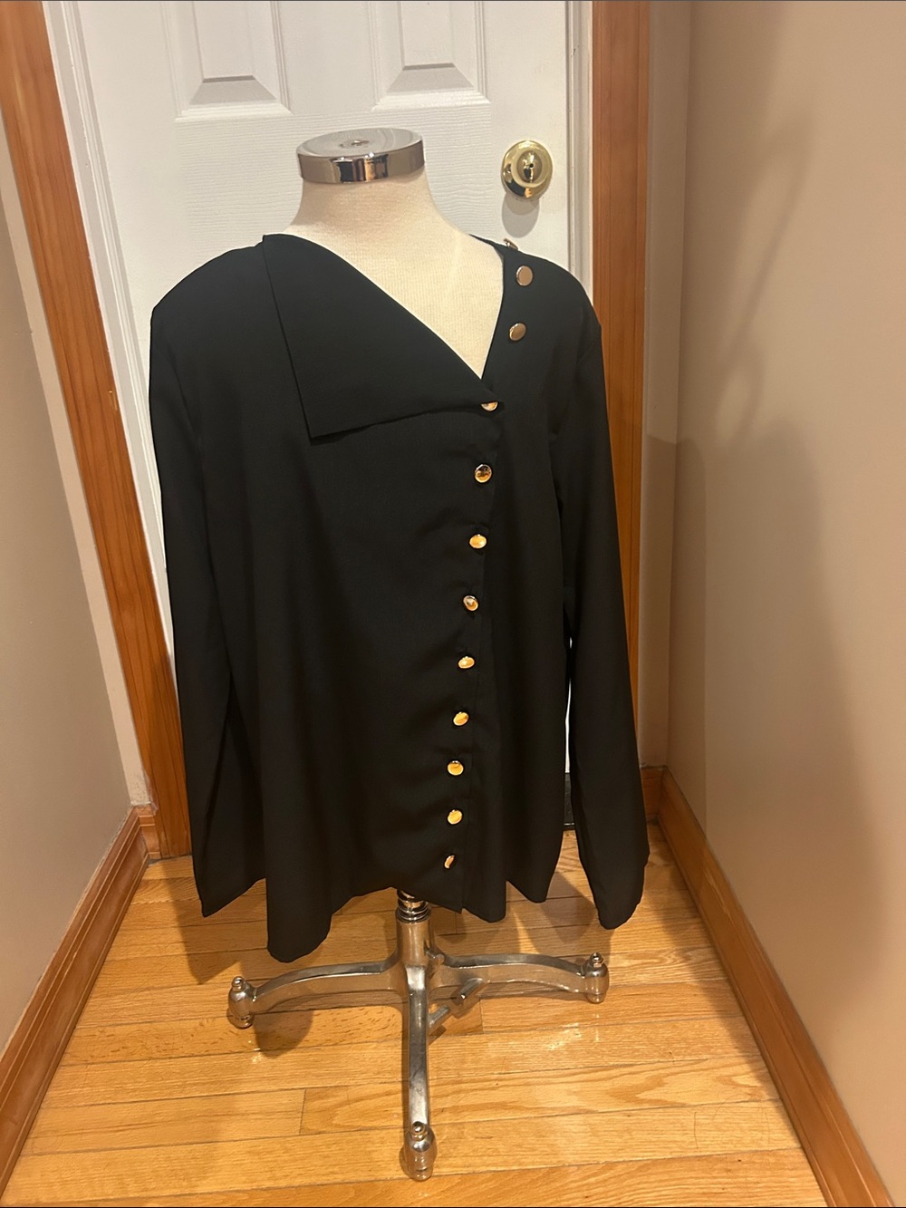 Black Long-Sleeve Button Front Women's Top with Asymmetric Collar